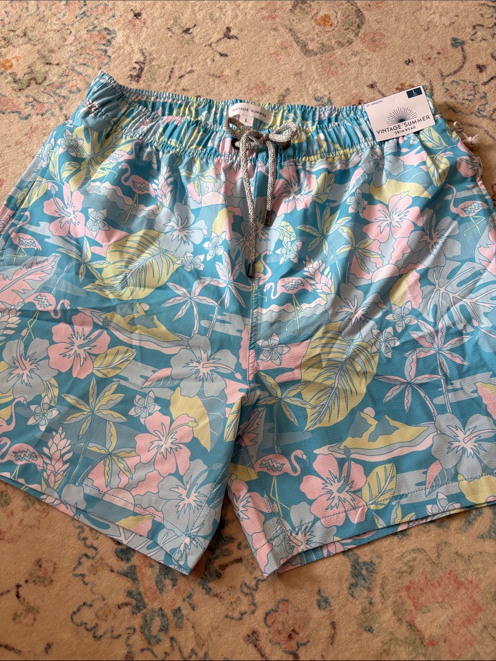 Men's Vintage Summer Floral Swim Trunks - Blue/Pink. New! Size Large.